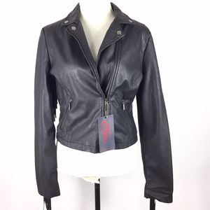 Yoki~ Faux Leather Fringe Detail Moto Jacket Blk M
